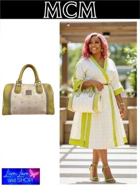 MCM Lime Green & White Visetos Boston Bag, EUC